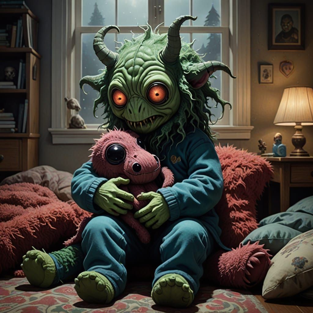 Child Hugs Sinister Lovecraftian Toy in Dramatic Style