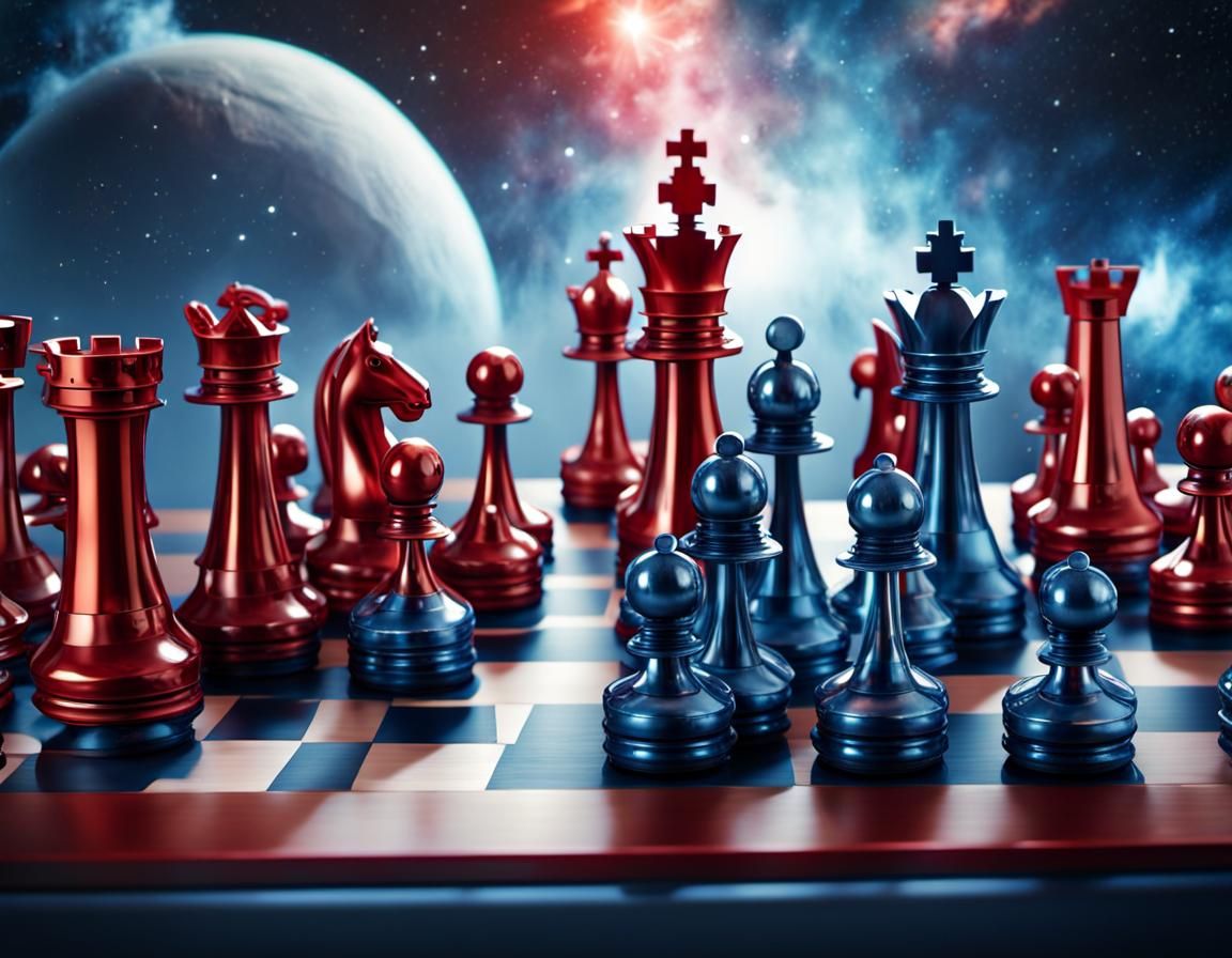 Chess Game in Space with Metallic Mech Pieces