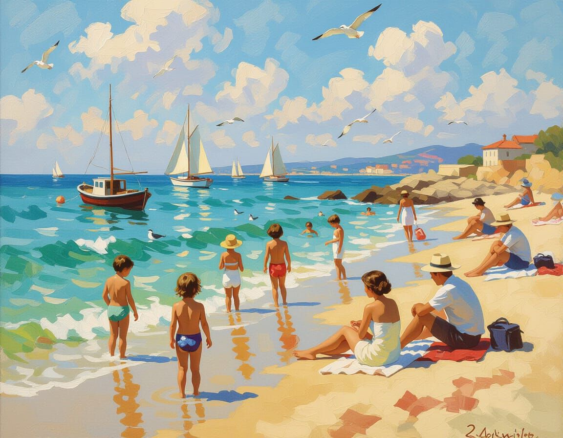 Impressionist Beach Scene with Children and Seagulls