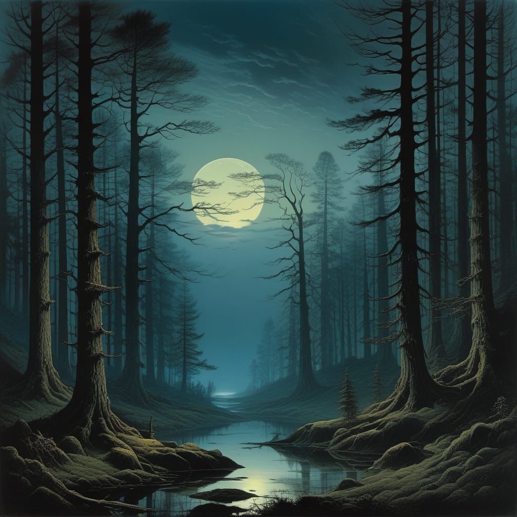 Mystical Forest at Night in Romantic Style
