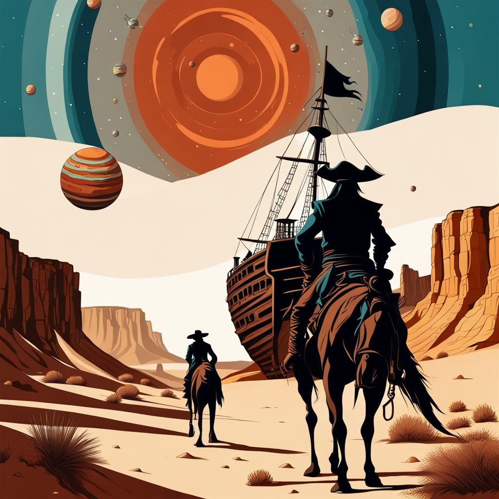 Surreal Western Scene with Pirate Ship