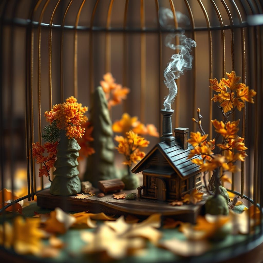 Miniature Autumn Forest in Vintage Birdcage