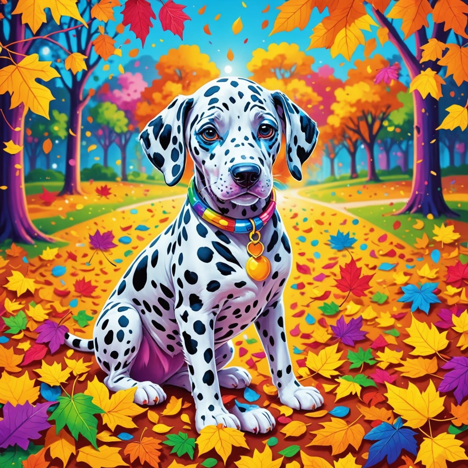 Cute Dalmation Dog Plays in Autumn Leaves, Lisa Frank Style