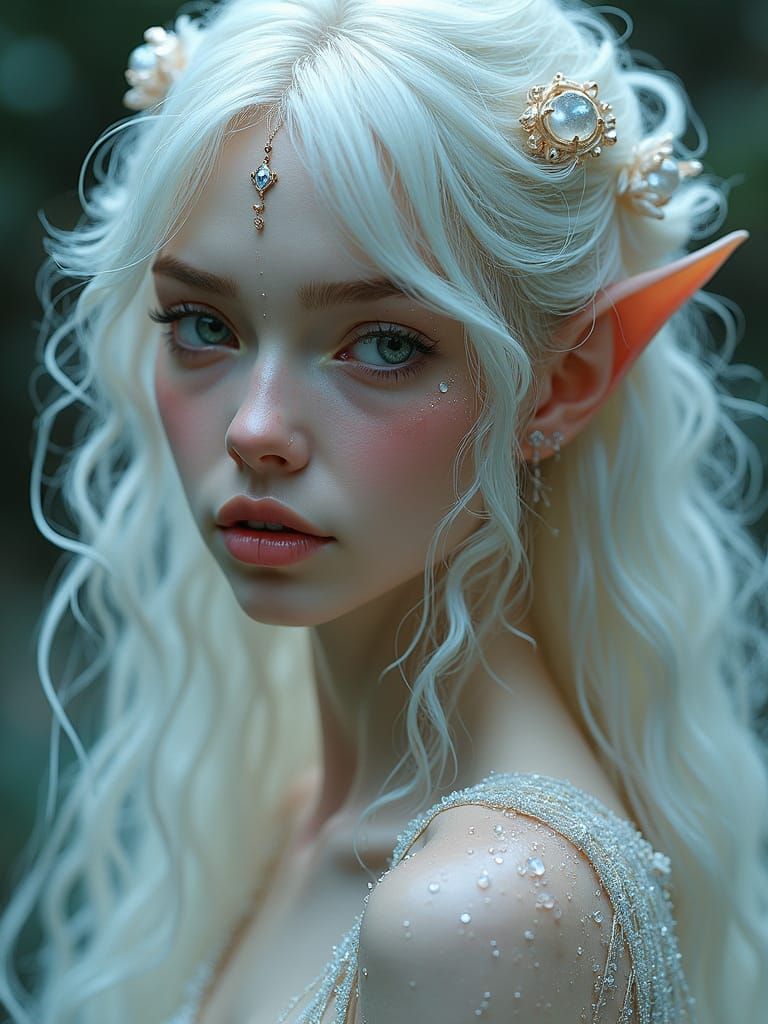 Ethereal Elf Maiden in Luminous Pearl Background