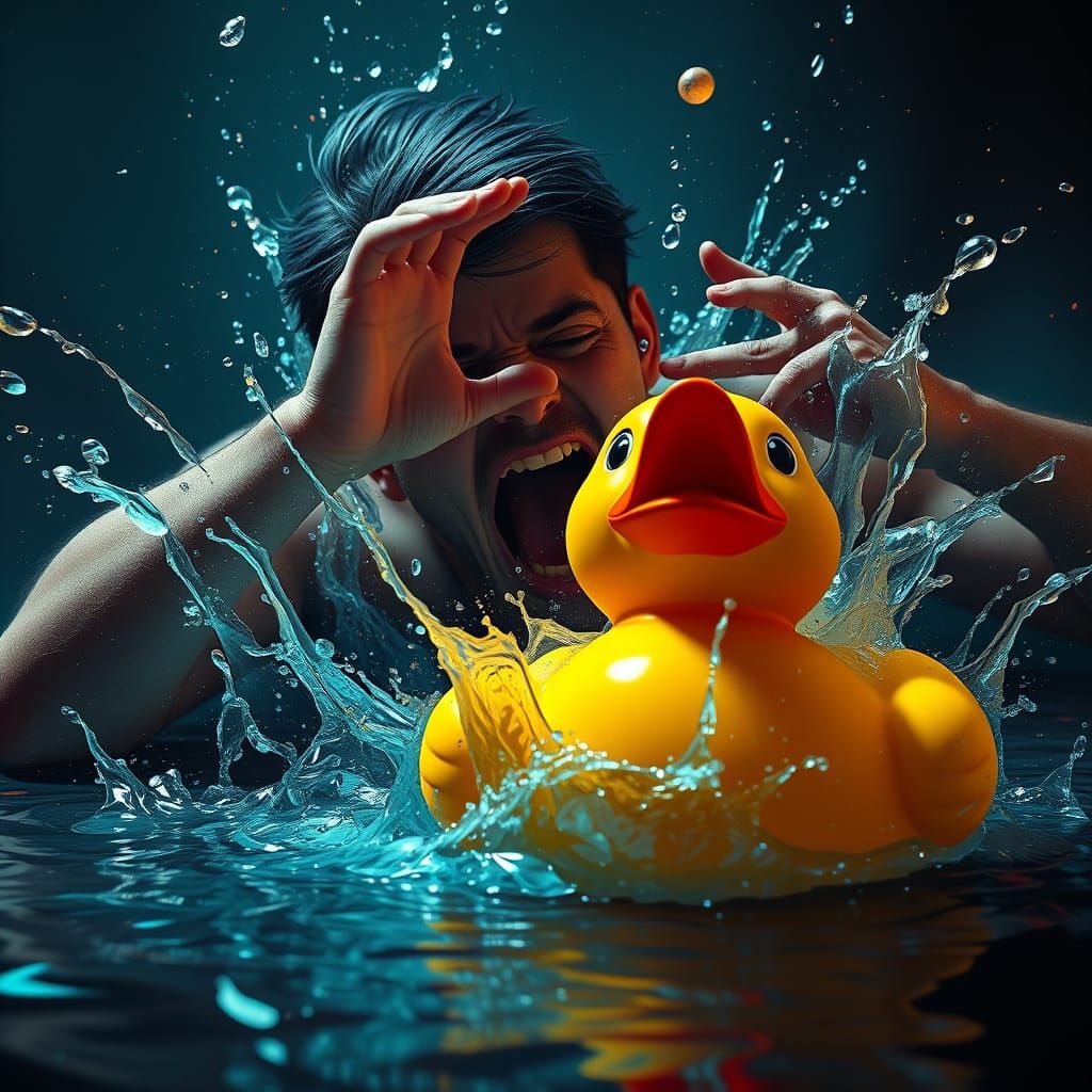 Person Terrified of Rubber Duck in Fantastical Art Style