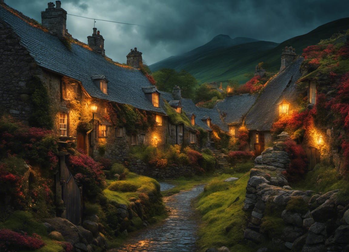Magical Scottish Village in Hyperdetailed Art Style
