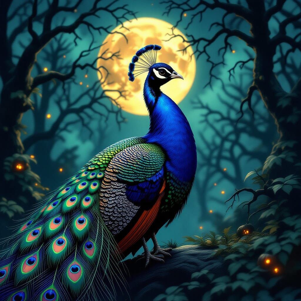Halloween Peacock in Moonlit Haunted Forest