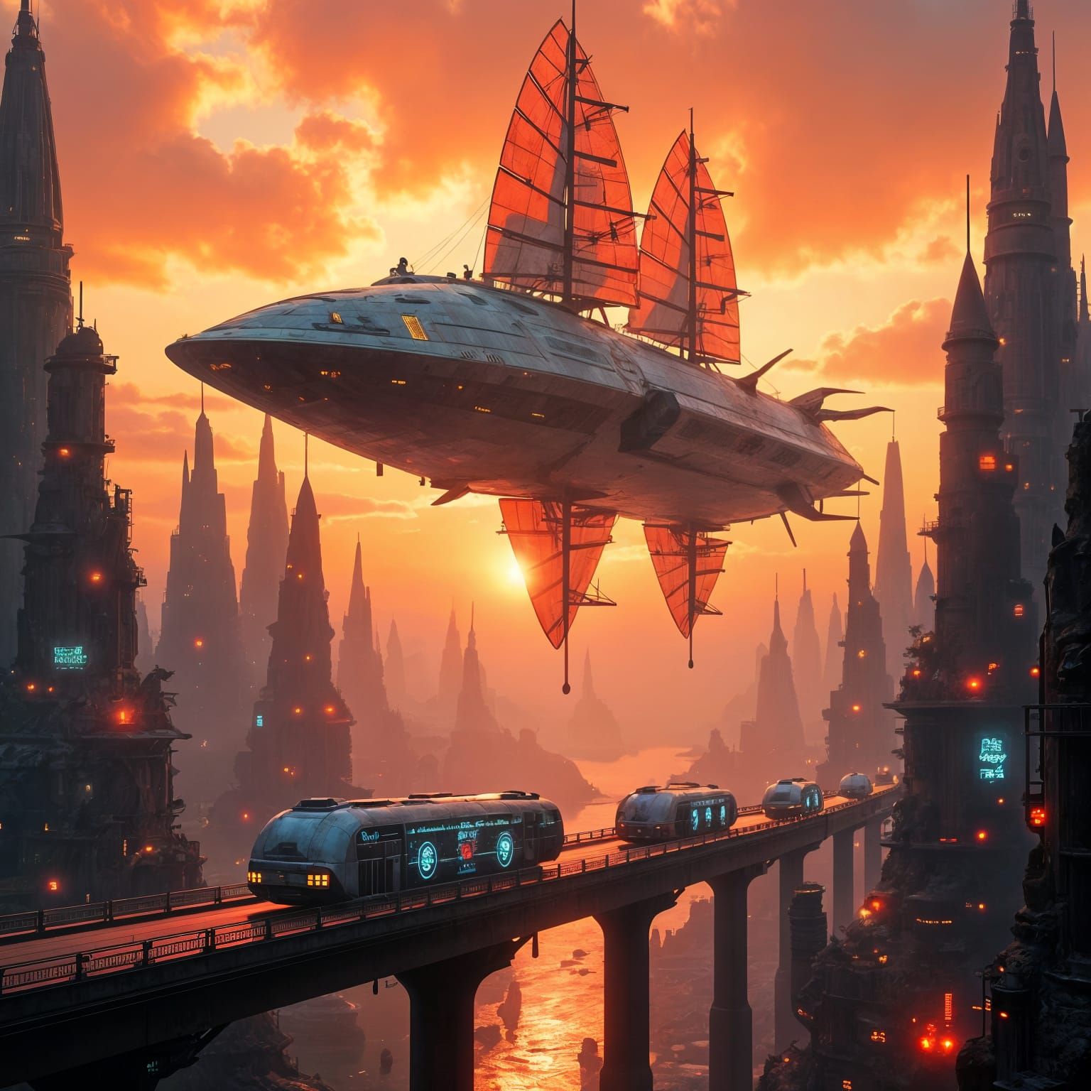 Sci-Fi Cityscape with Floating Spaceship in Cyberpunk Style