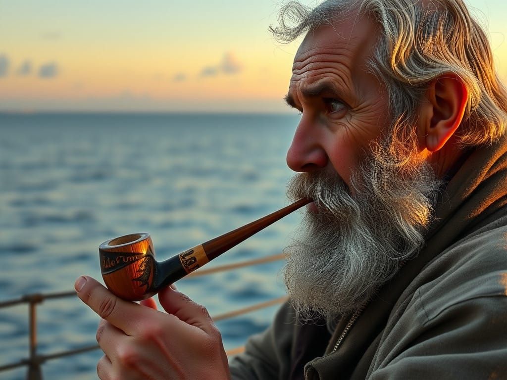Weathered Sailor Contemplates Golden Seascape