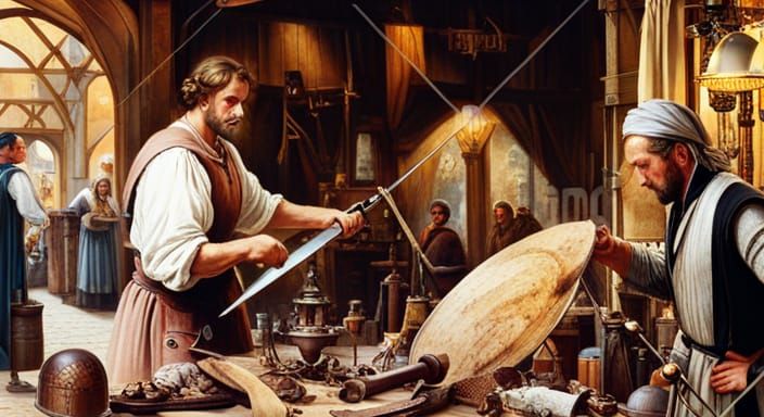 Blacksmith Forging Sword in Medieval Marketplace