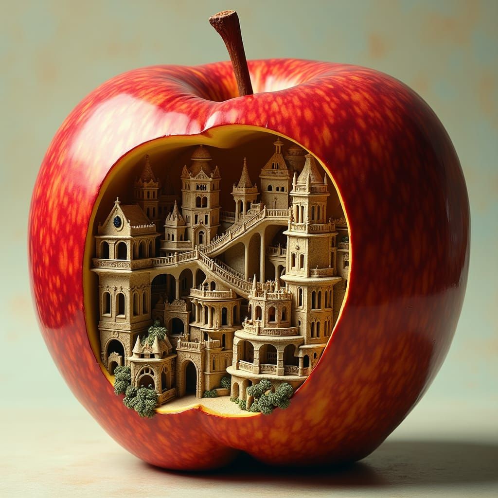 A large Apple with a multi story town carved inside