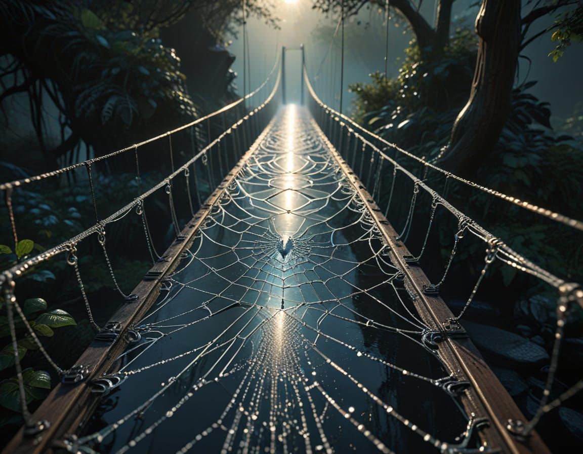 Ethereal Spiderweb Suspension Bridge in Golden Hour Light