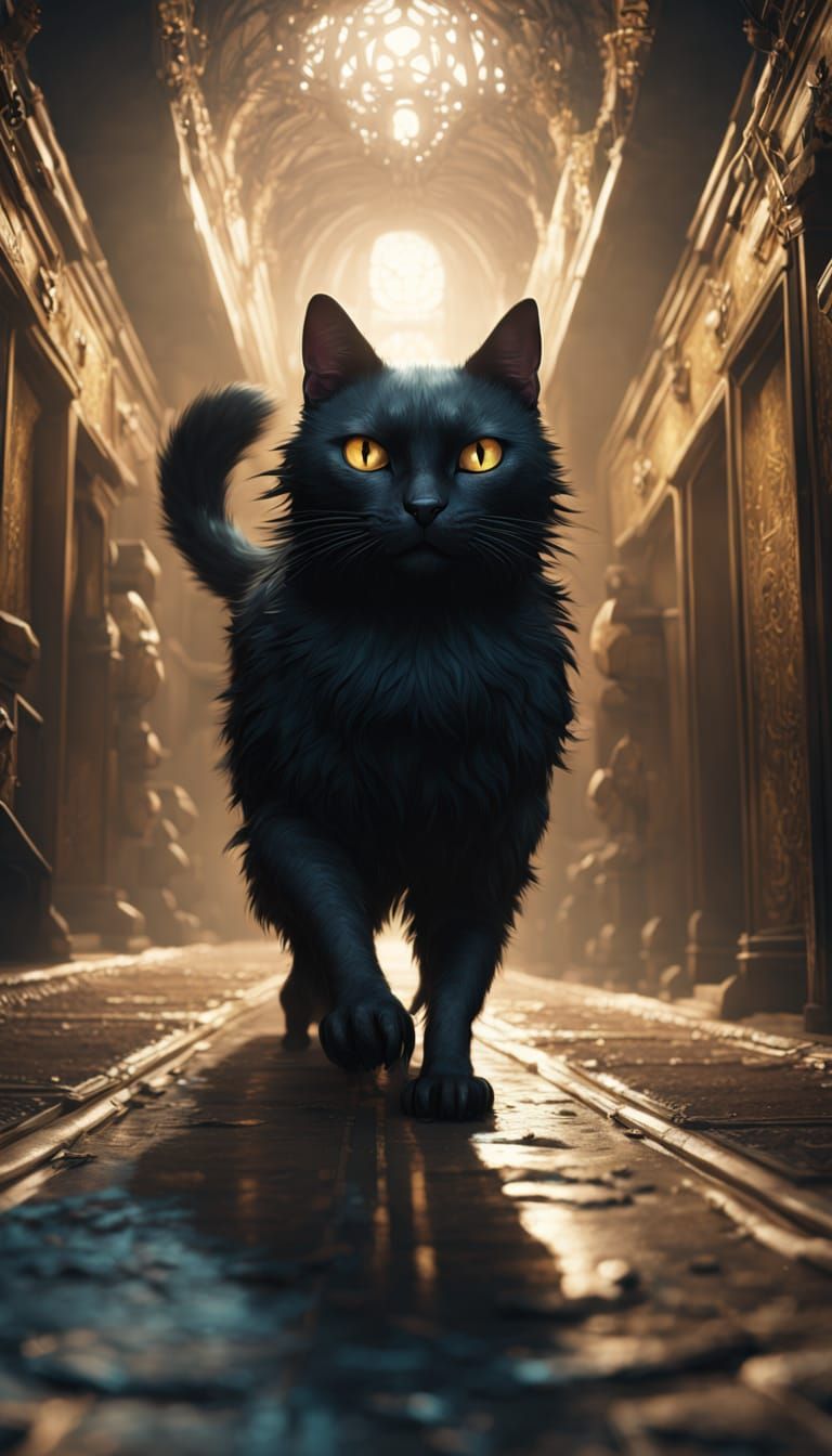 Proud Black Cat Ambling Down Hallway