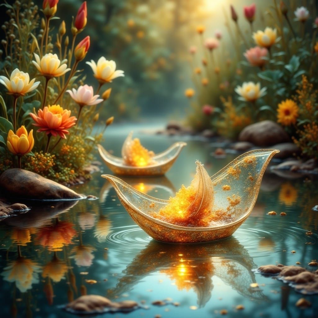 Miniature Glass River with Boats of Glass and Gold