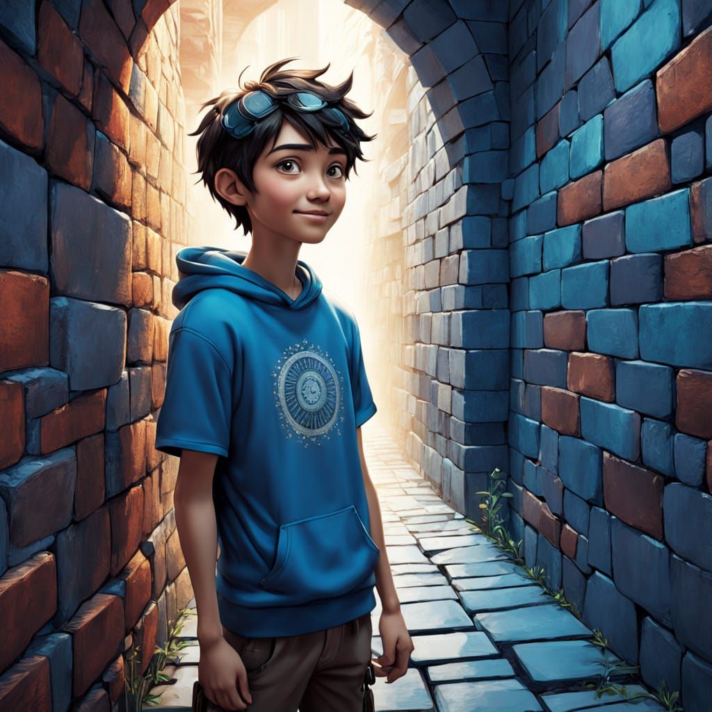 Serene Boy Walks Through Wall in Whimsical Pixar Style