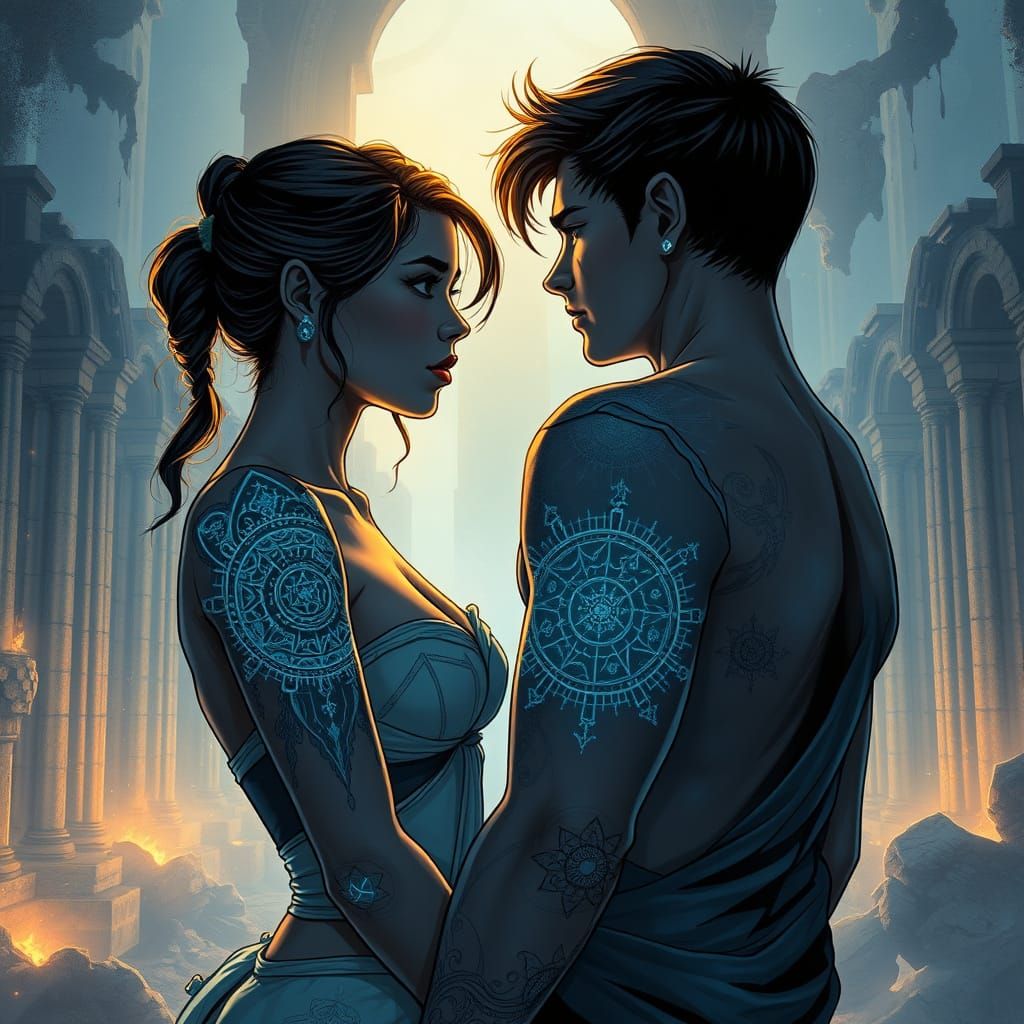 Teen Couple with Celestial Tattoos in Misty Ruins