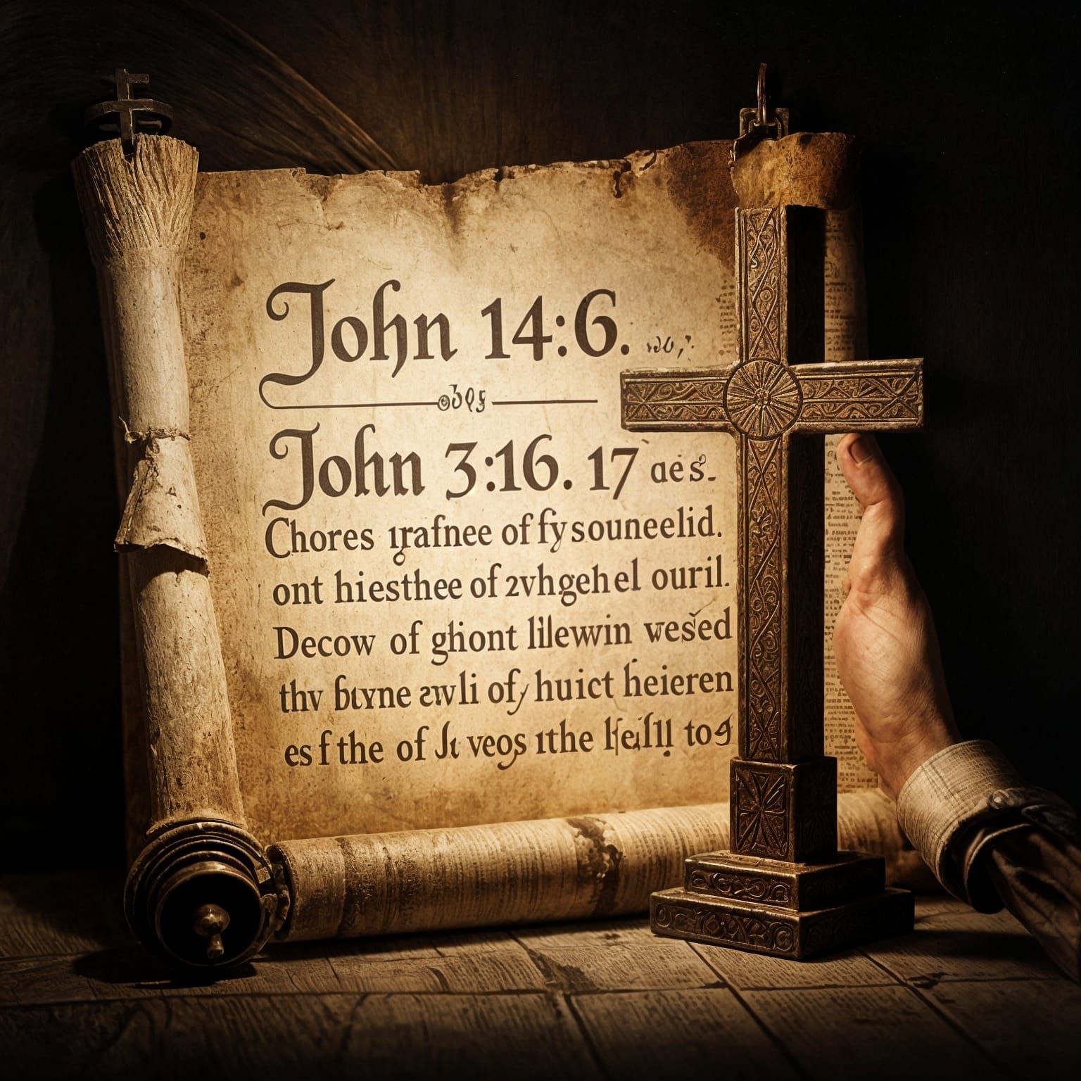 Ancient Scroll and Cross with Bible Verses