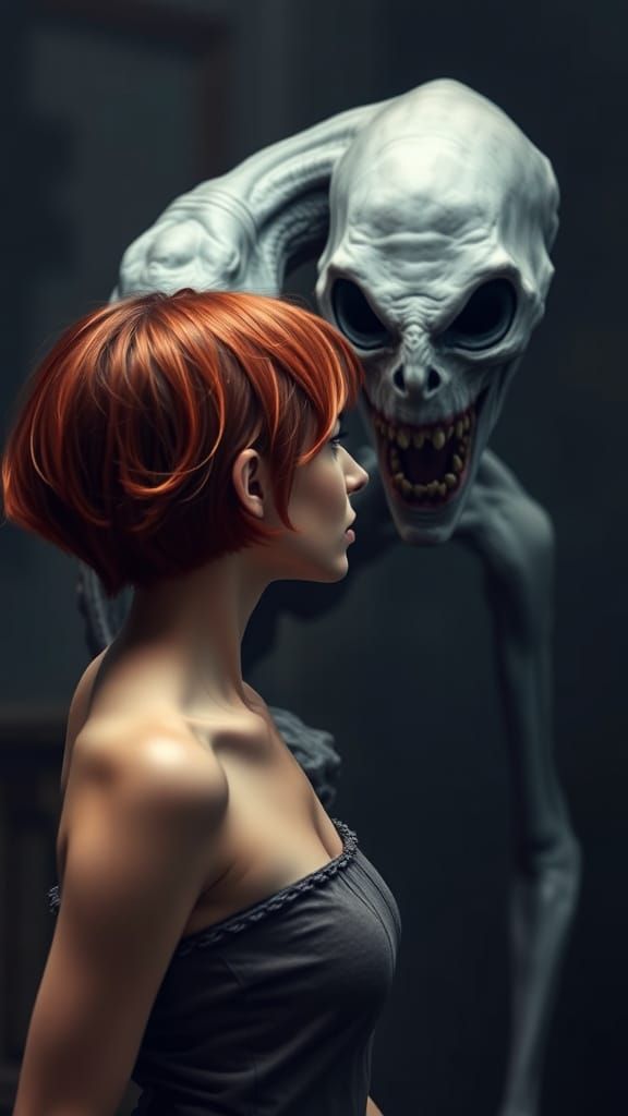 Woman and Monster in Dark Encounter
