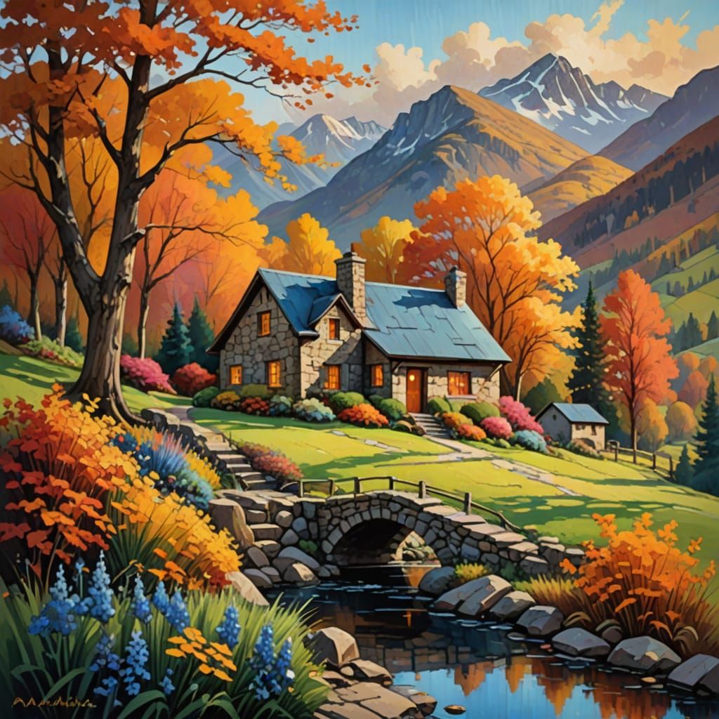 Rustic stone cottage nestled in a serene mountain valley, ba...