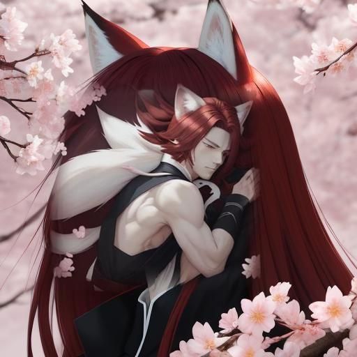 Anime Fox-Boy in Cherry Blossoms, Cel-Shaded Style