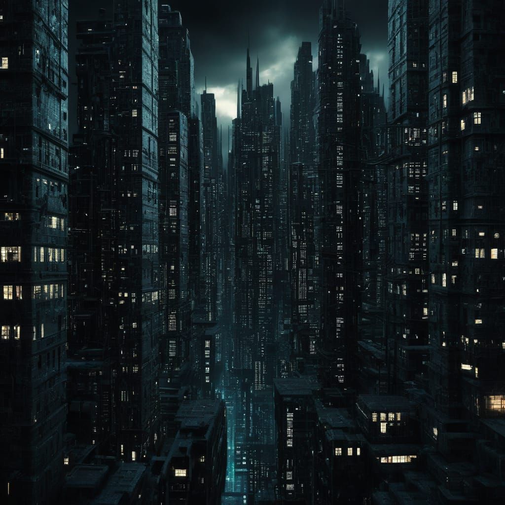 Surreal Cityscape in a Dark Code Matrix
