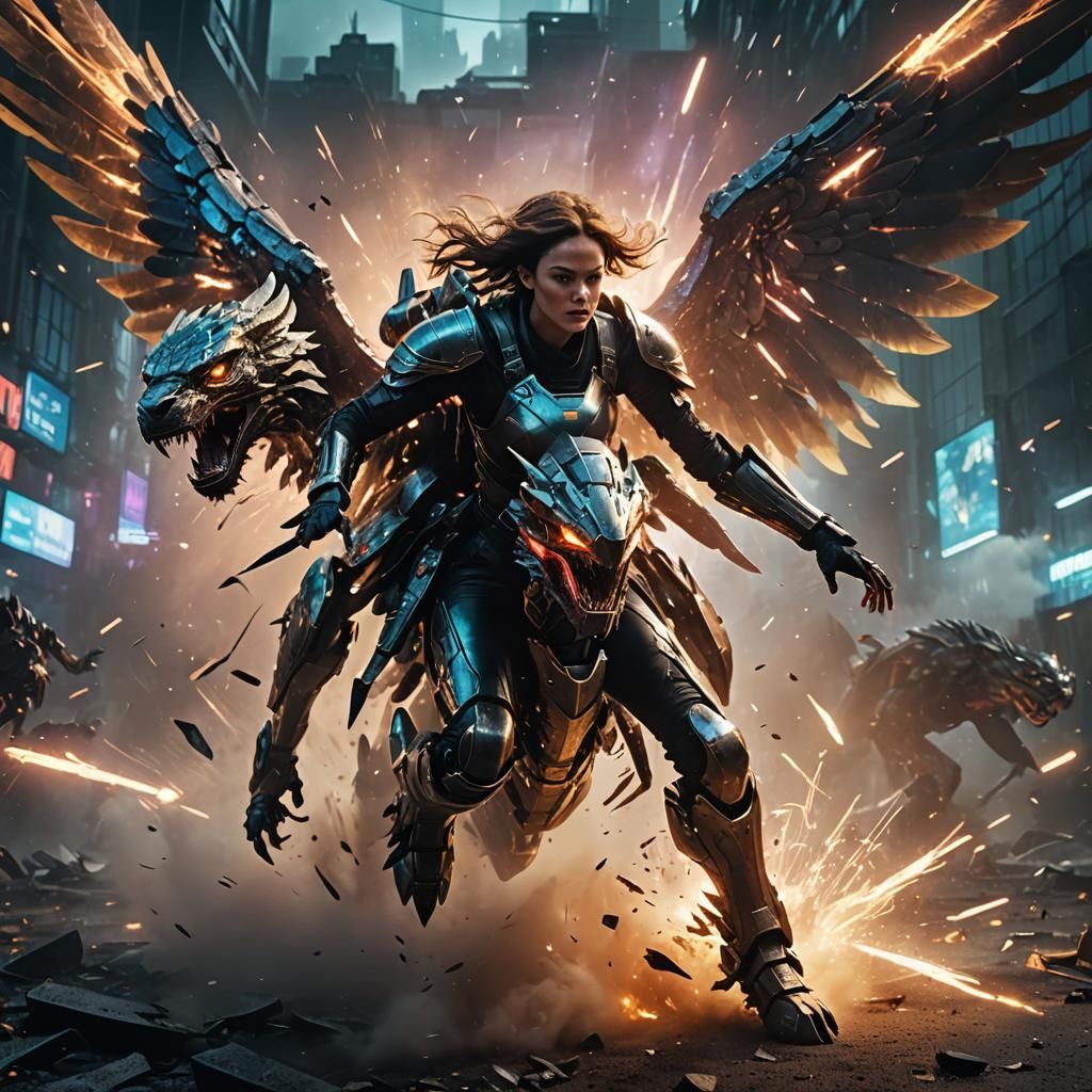 Chimera Rider in Sci-Fi Battle, Cinematic Illustration