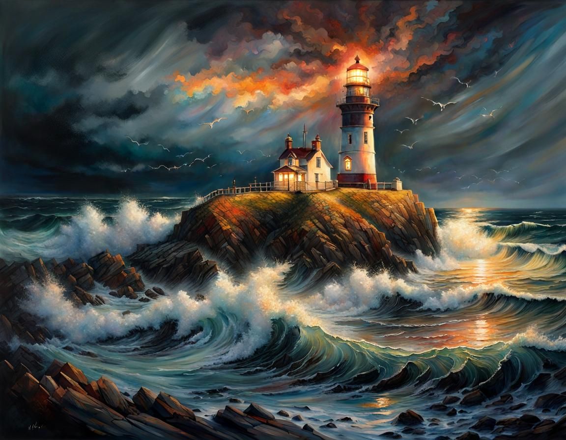 Dramatic Lighthouse Sunset Seascape: Hyperrealistic Digital ...