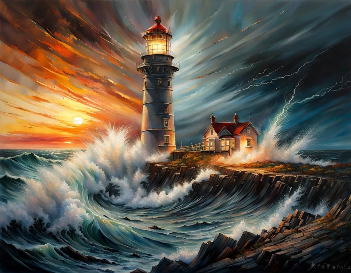 Dramatic Lighthouse Sunset Seascape in Maximalist Style