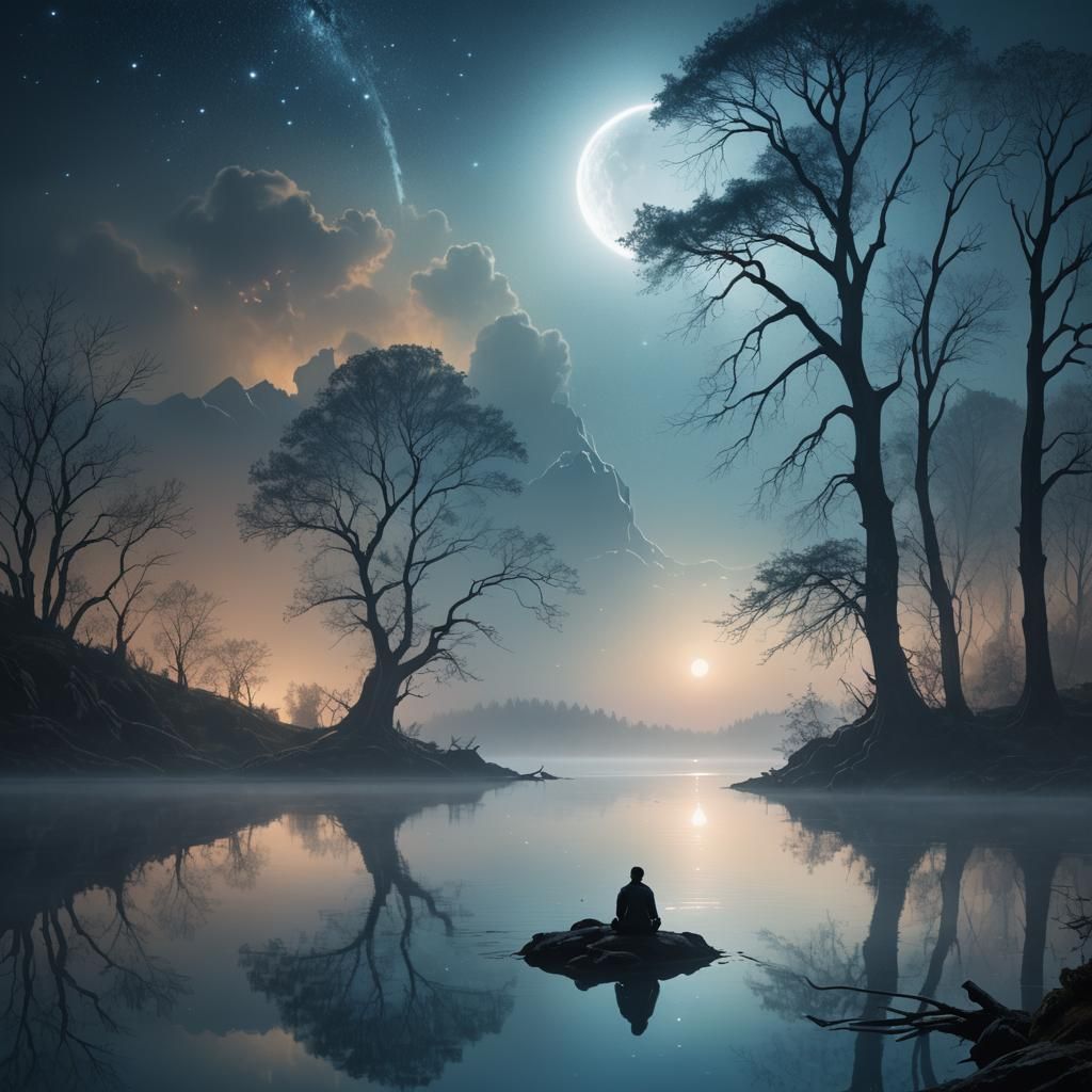 Luminescent Figure by Tranquil Lake in Dreamscape