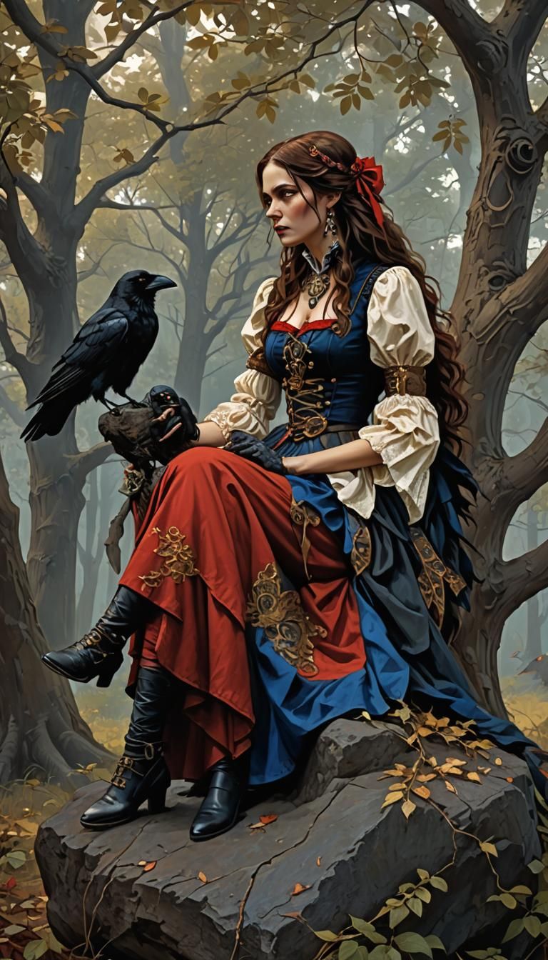 Woman and Crow in Steampunk Style