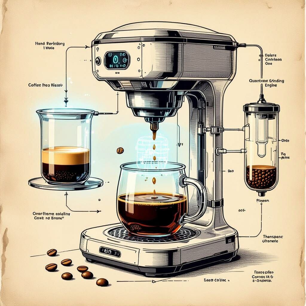 Holographic Coffee Machine Blueprint in Syd Mead Style