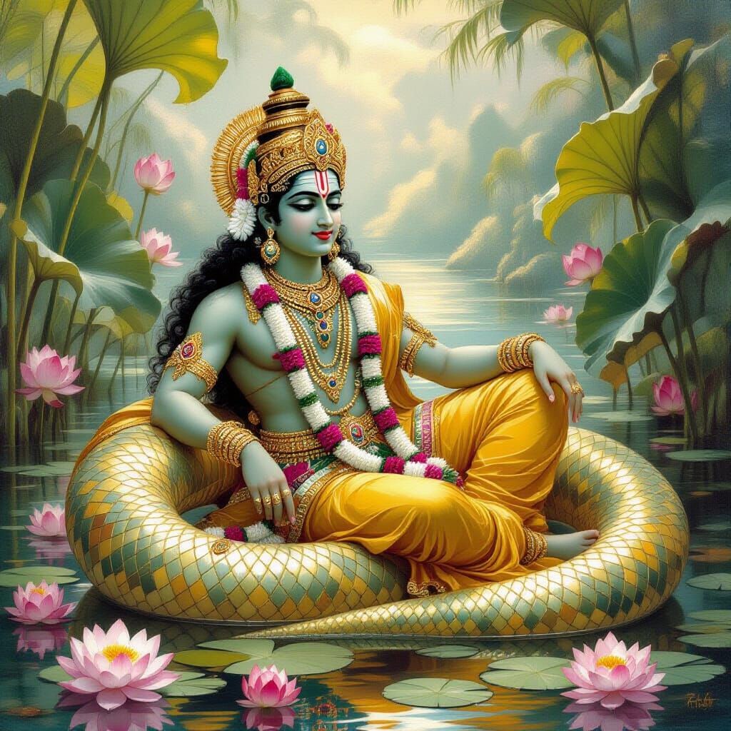 Vishnu Resting on Shesha Naga in Classical Indian Style