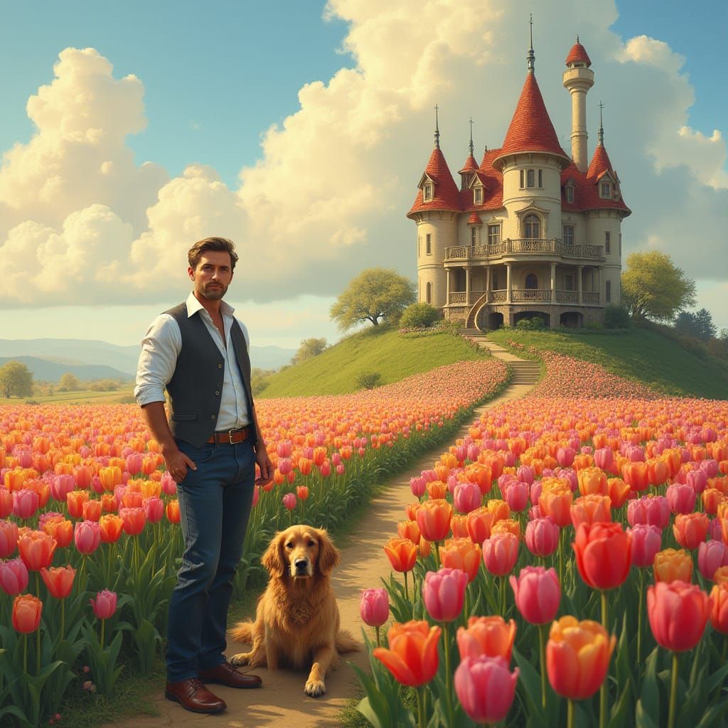 Chiseled Gentleman Strolls in Whimsical Tulip Field