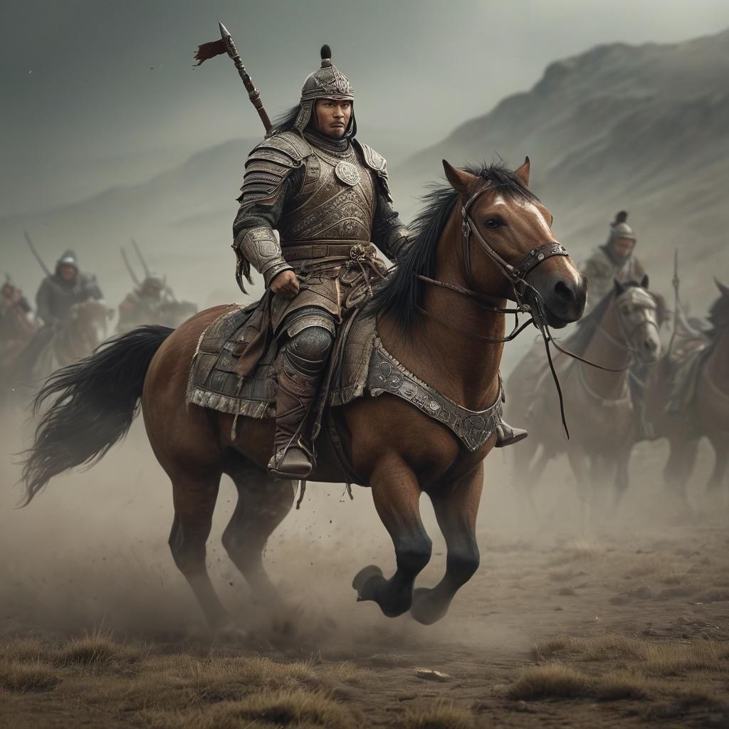 Batu Khan Rides Through Misty Steppes: Fantasy Illustration
