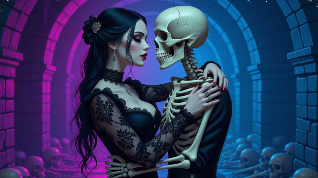 Gothic Woman Dances with Skeleton in Dungeon