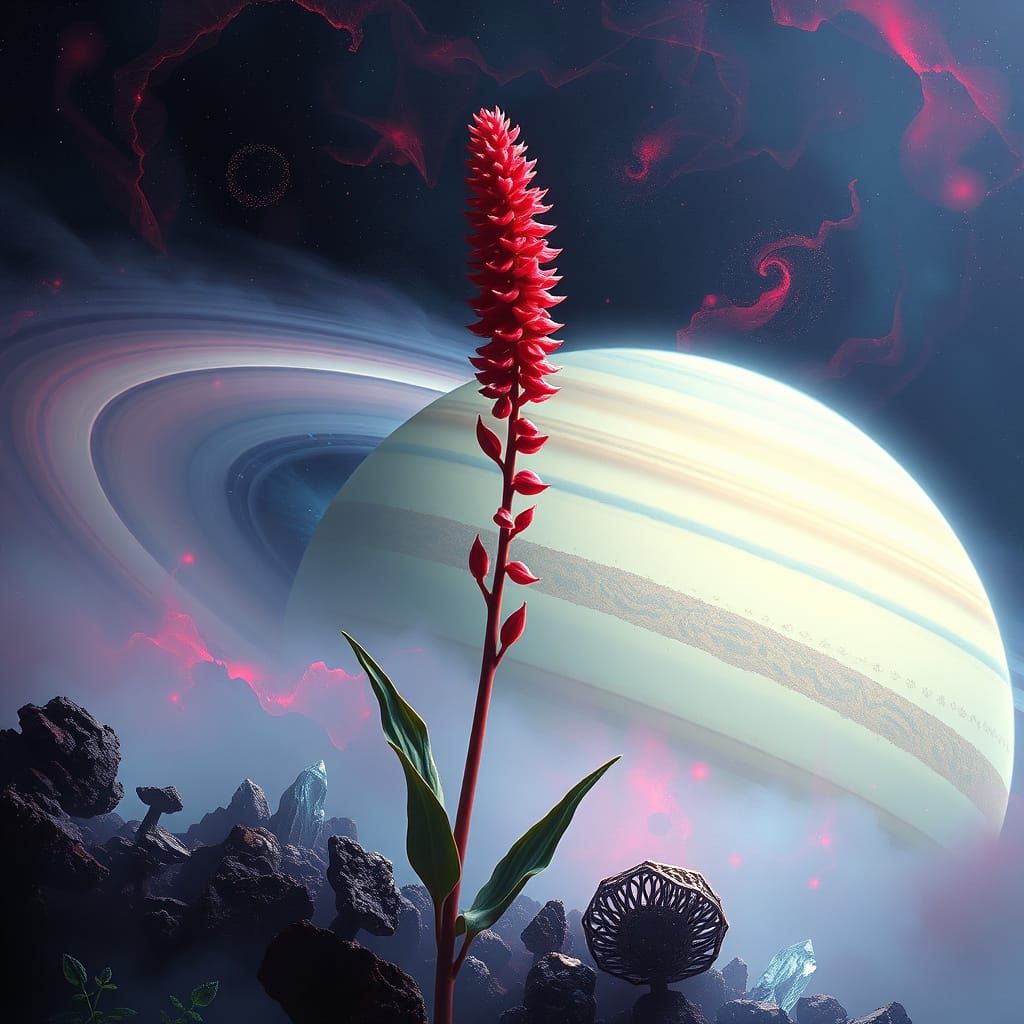 Surreal Ruby Red Triffid Blooms Amidst Saturn's Crystal Ring...
