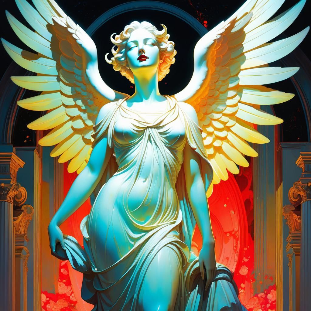 Sinister Angel Statue in Fluorescent Inkpunk Style