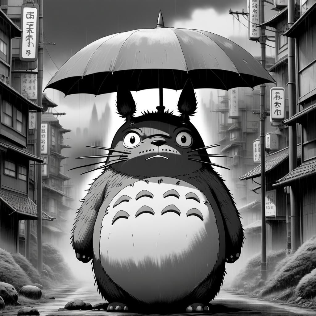Totoro in Dystopian Grayscale Anime Style