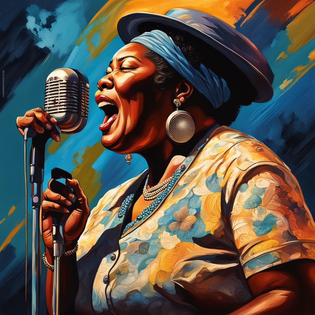 Blues Singer in Juke Joint, Hyperrealistic Splash Art