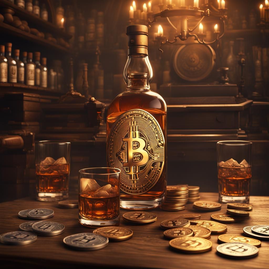 Bitcoin Logo with Whisky in Detailed Matte Painting