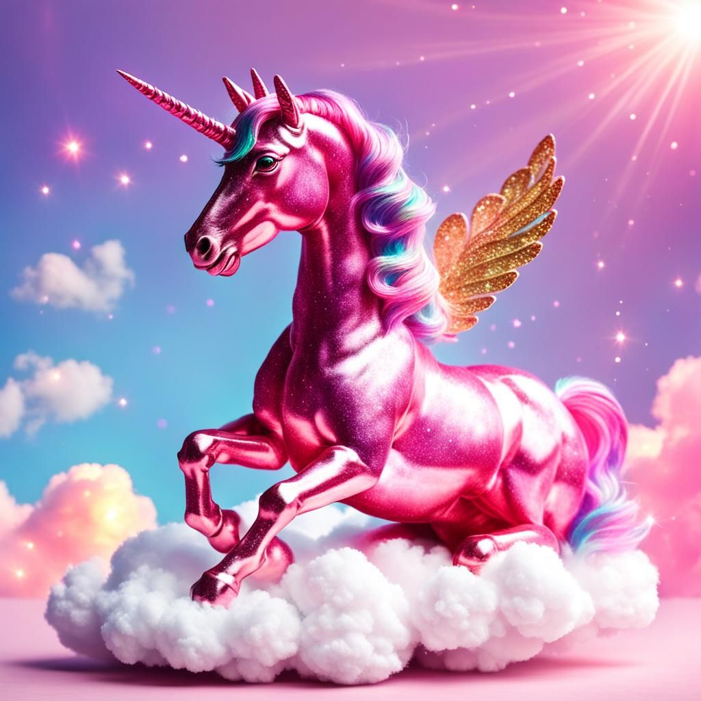Iridescent Pink Glitter Unicorn on Cloud
