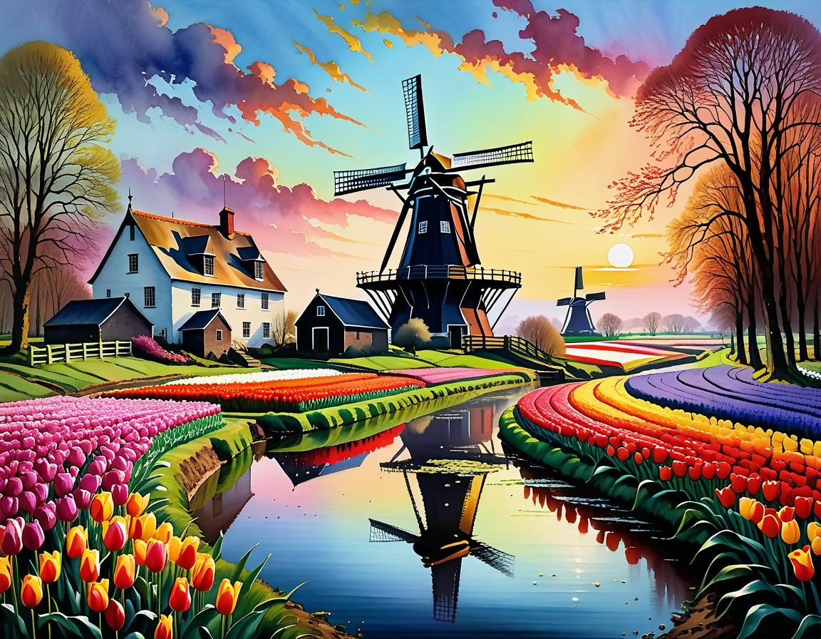 Dutch Windmill in Tulip Field: Impressionist Gouache Paintin...