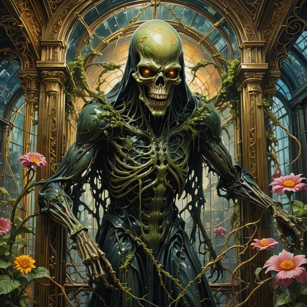 Alien Reaper in Melting Greenhouse, a Surreal Oil Painting