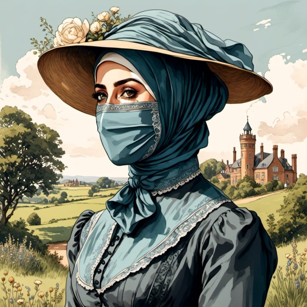 Victorian Hijabi in Countryside, Vintage Comic Art