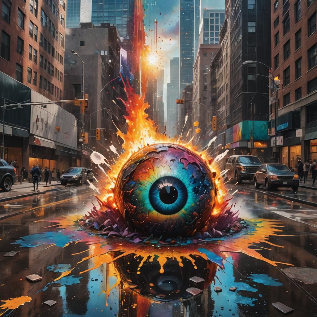 Hyperrealistic Eyeball Dominates Cityscape with Fireballs