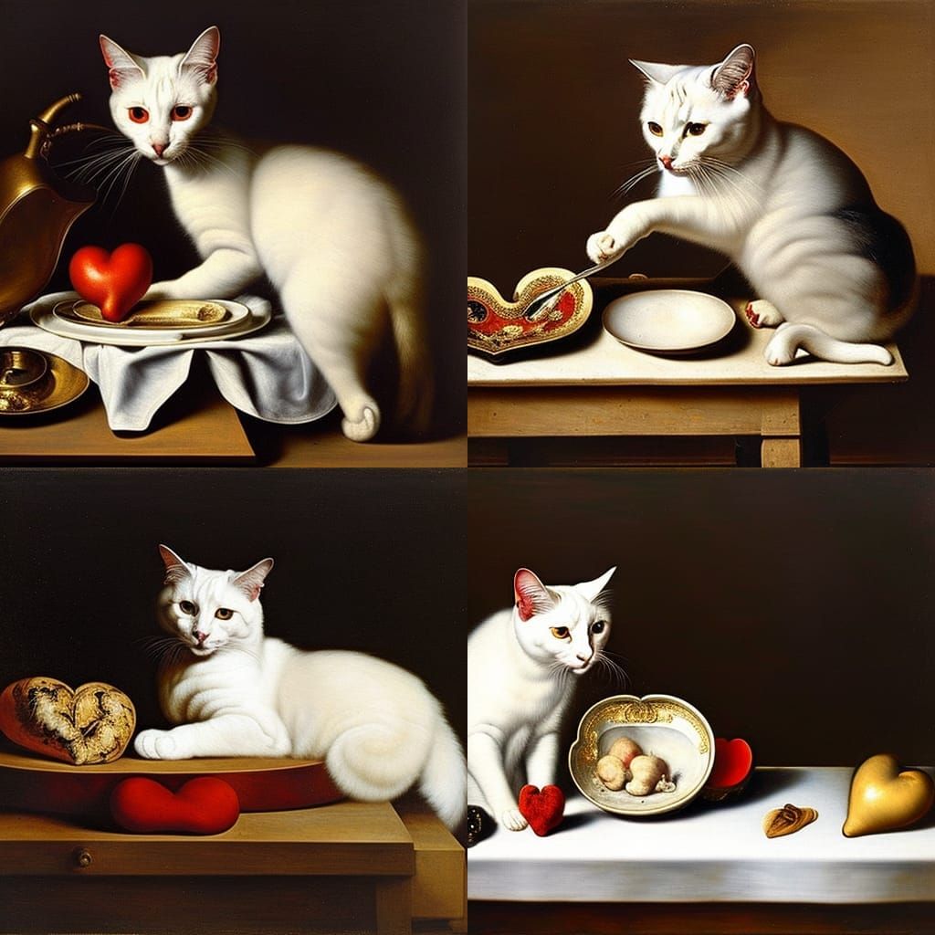 Baroque Still Life: White Cat Eating Heart