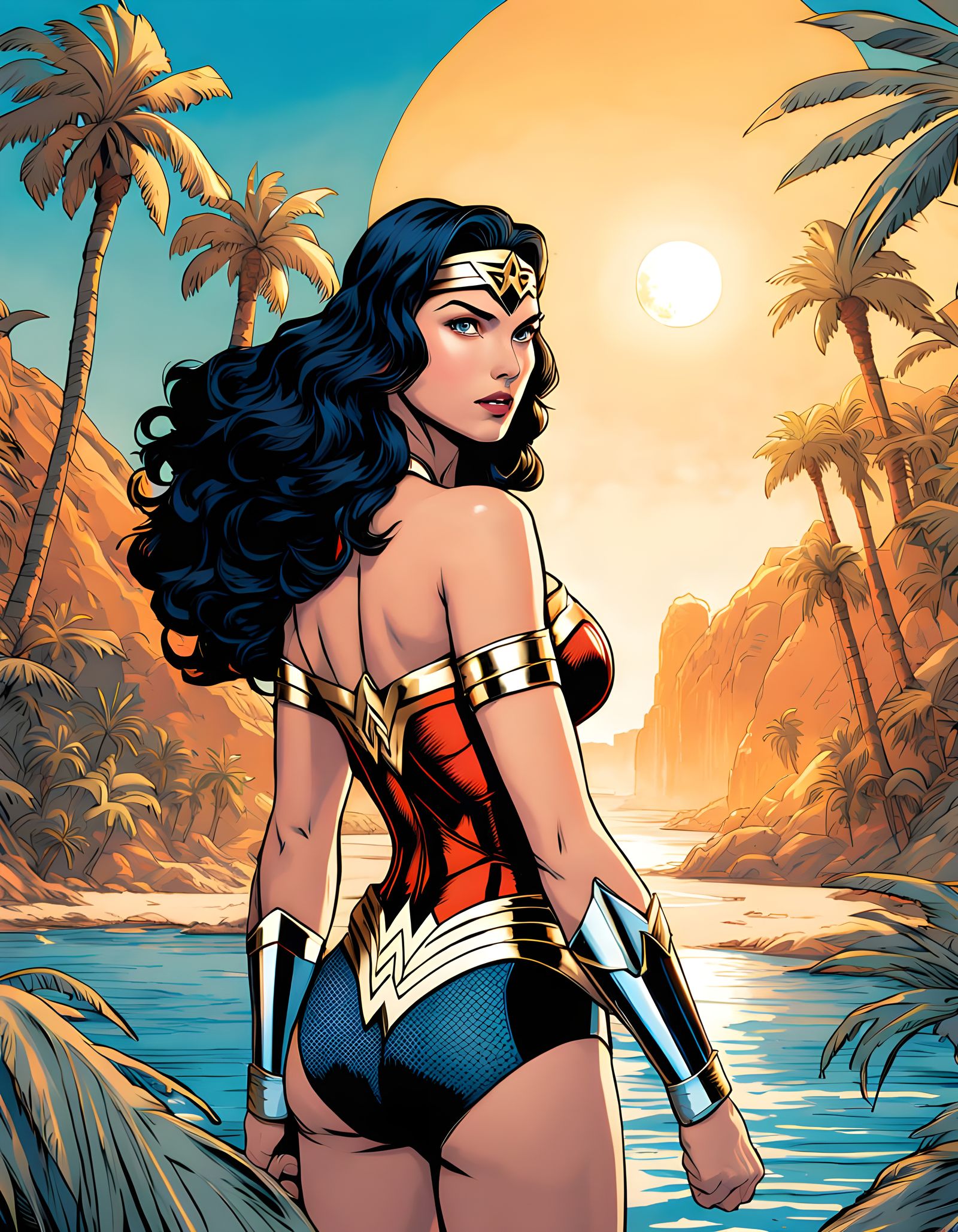 Wonder Woman at Dawn, Hyperrealistic Comic Book Art