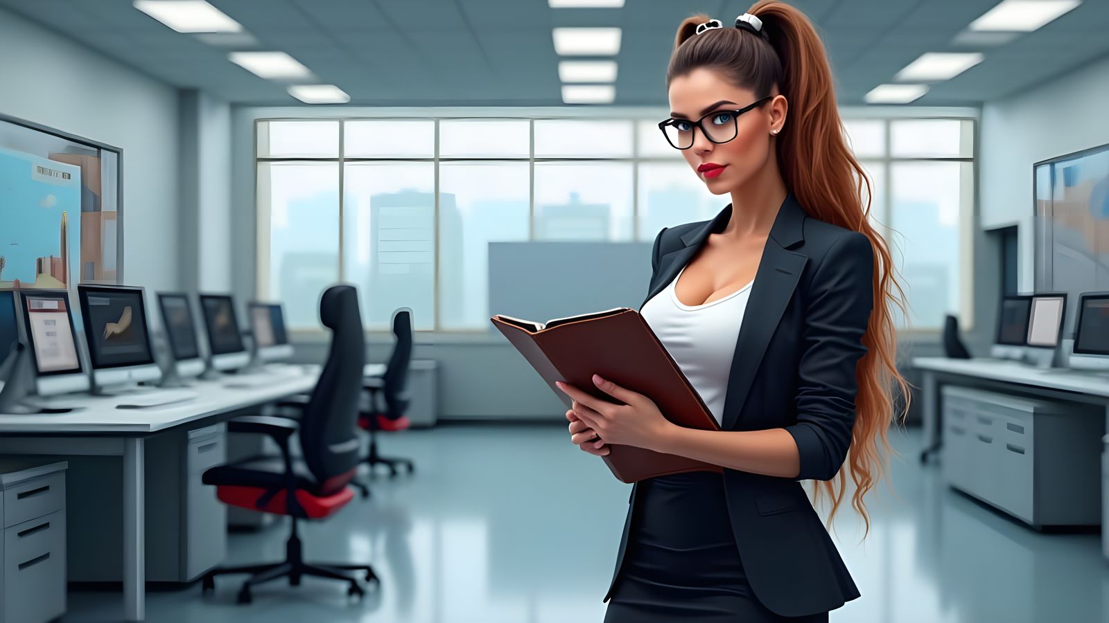 Confident Fitness Female in Automotive Lab Attire