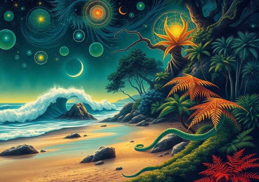Seaside Waves and Forest in Surrealist Style