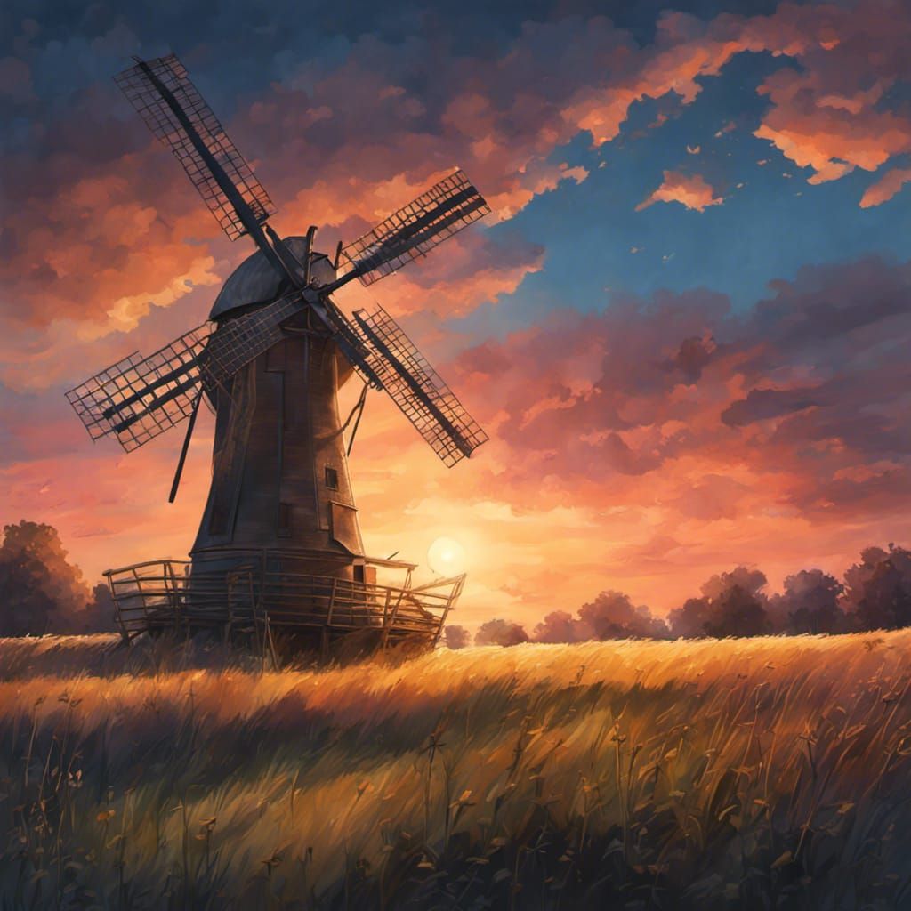 Twilight Windmill in Hyperrealistic Splash Art Style
